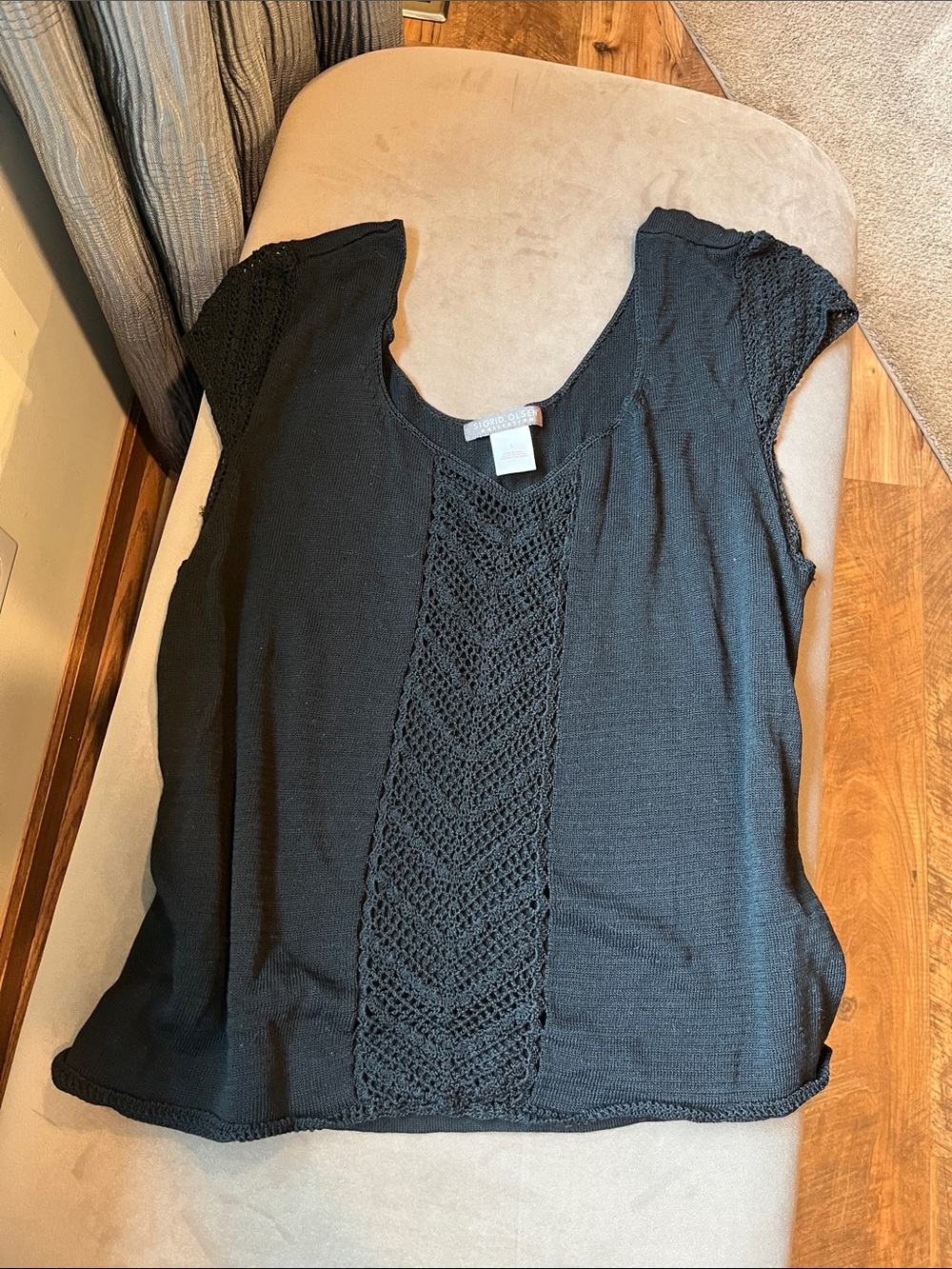 Sigrid Olsen Black Crochet-Front Cap-Sleeve Top